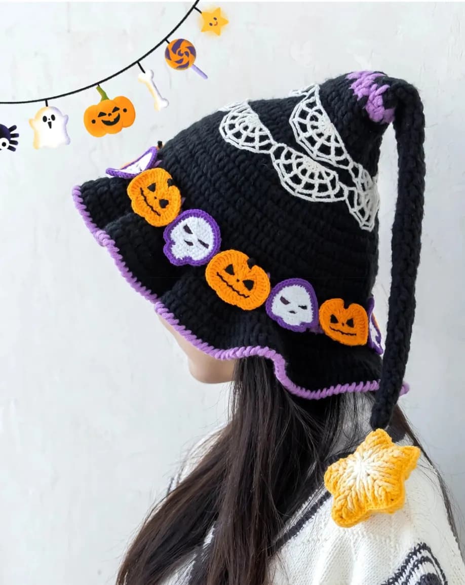 Crocheted Halloween hat with decorative details