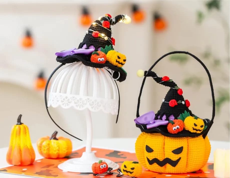 Crocheted Halloween basket, headband and hair clips