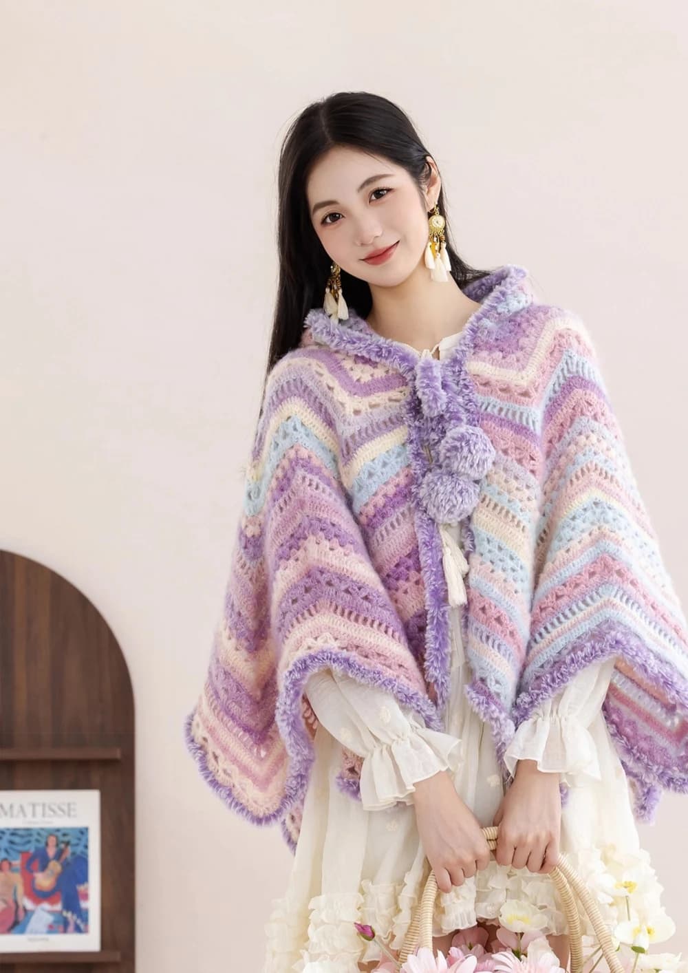 Pastel lavender, pink and blue crochet cloak with fluffy edging