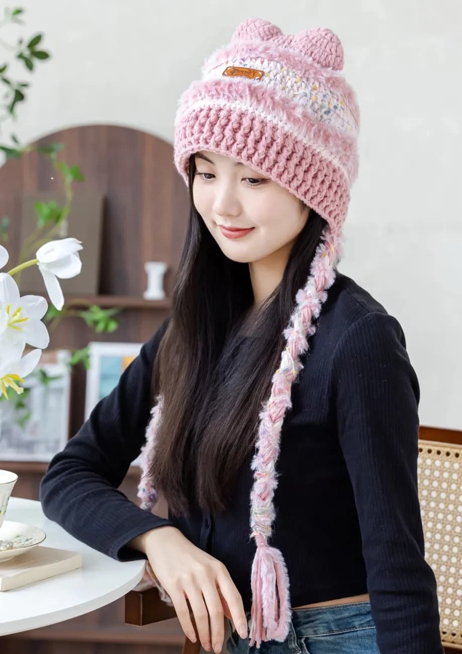 Crocheted cat-ear beanie with long tassels