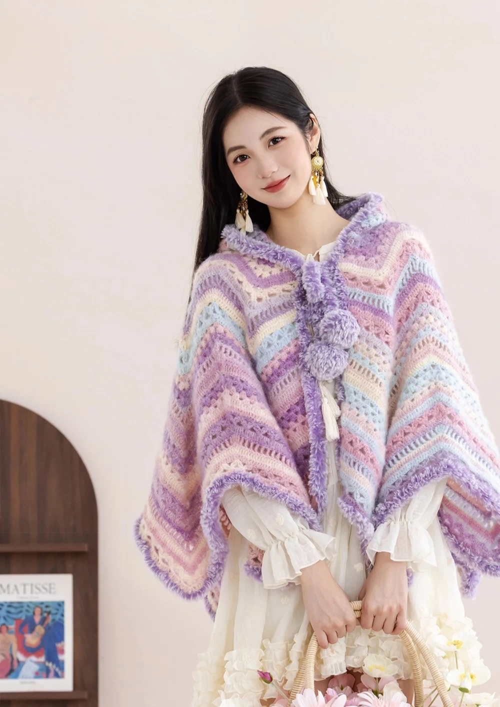 Pastel lavender, pink and blue crochet cloak with fluffy edging