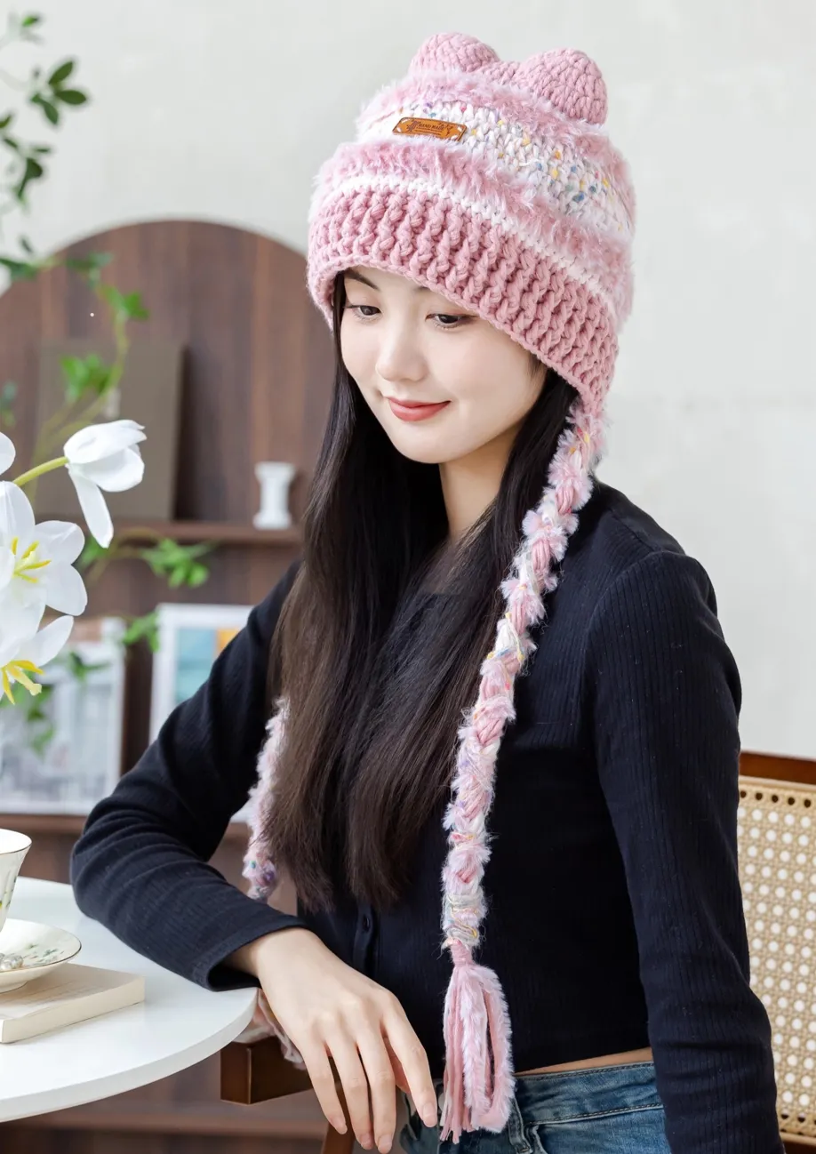 Crocheted cat-ear beanie with long tassels